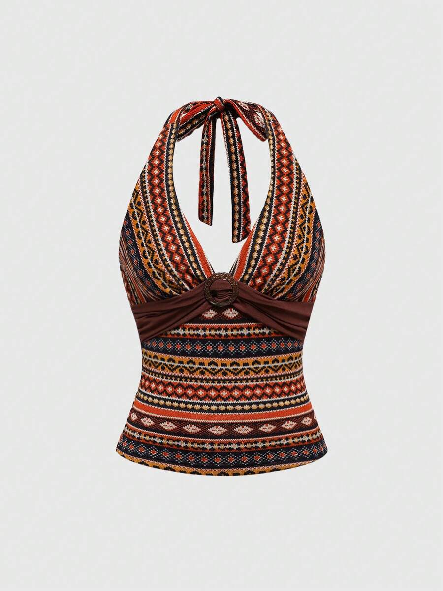 Multicolor geometric print halter tank top for women featuring front cut-out detail with ring accent and backless slim fit design.