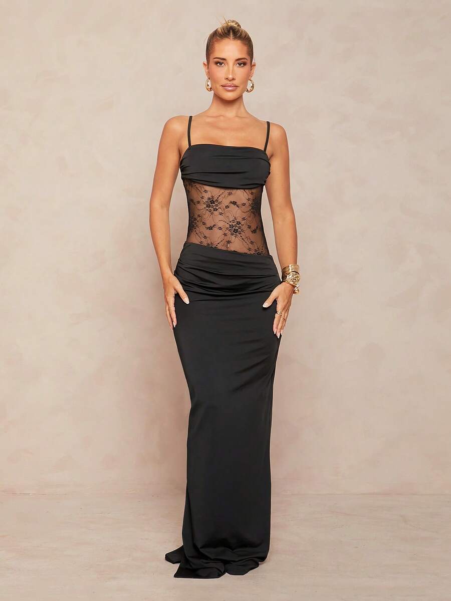 Women's black backless lace bodycon maxi dress with spaghetti straps and a mermaid hemline.
