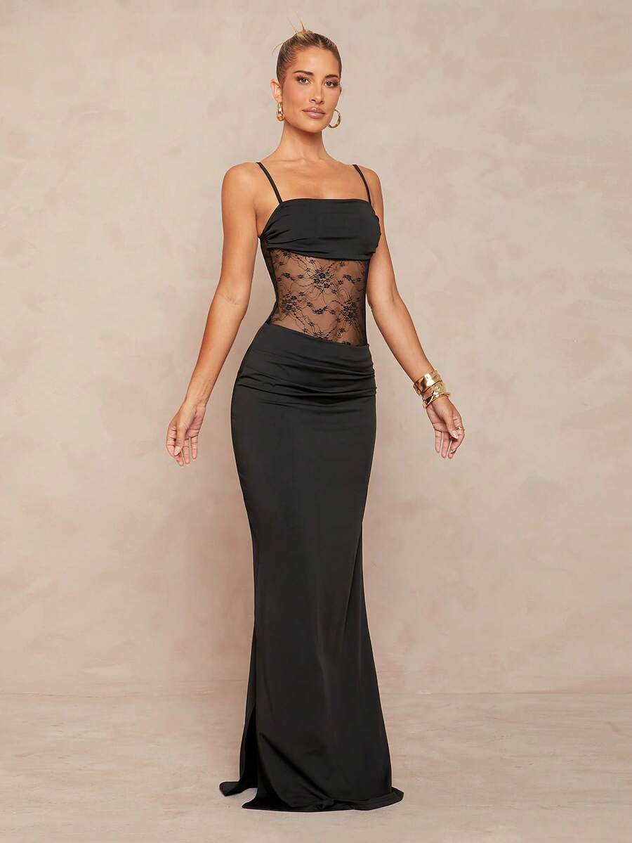 Women's black backless lace bodycon maxi dress with spaghetti straps and a mermaid hemline.