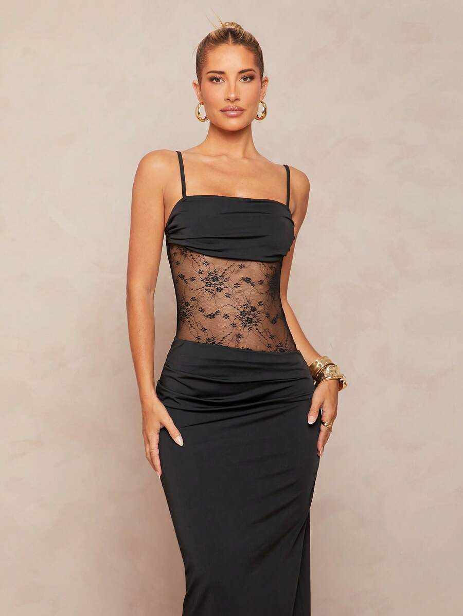 Women's black backless lace bodycon maxi dress with spaghetti straps and a mermaid hemline.