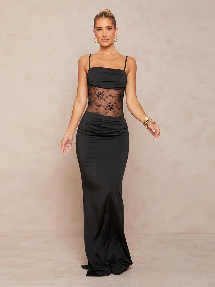 Women's black backless lace bodycon maxi dress with spaghetti straps and a mermaid hemline.