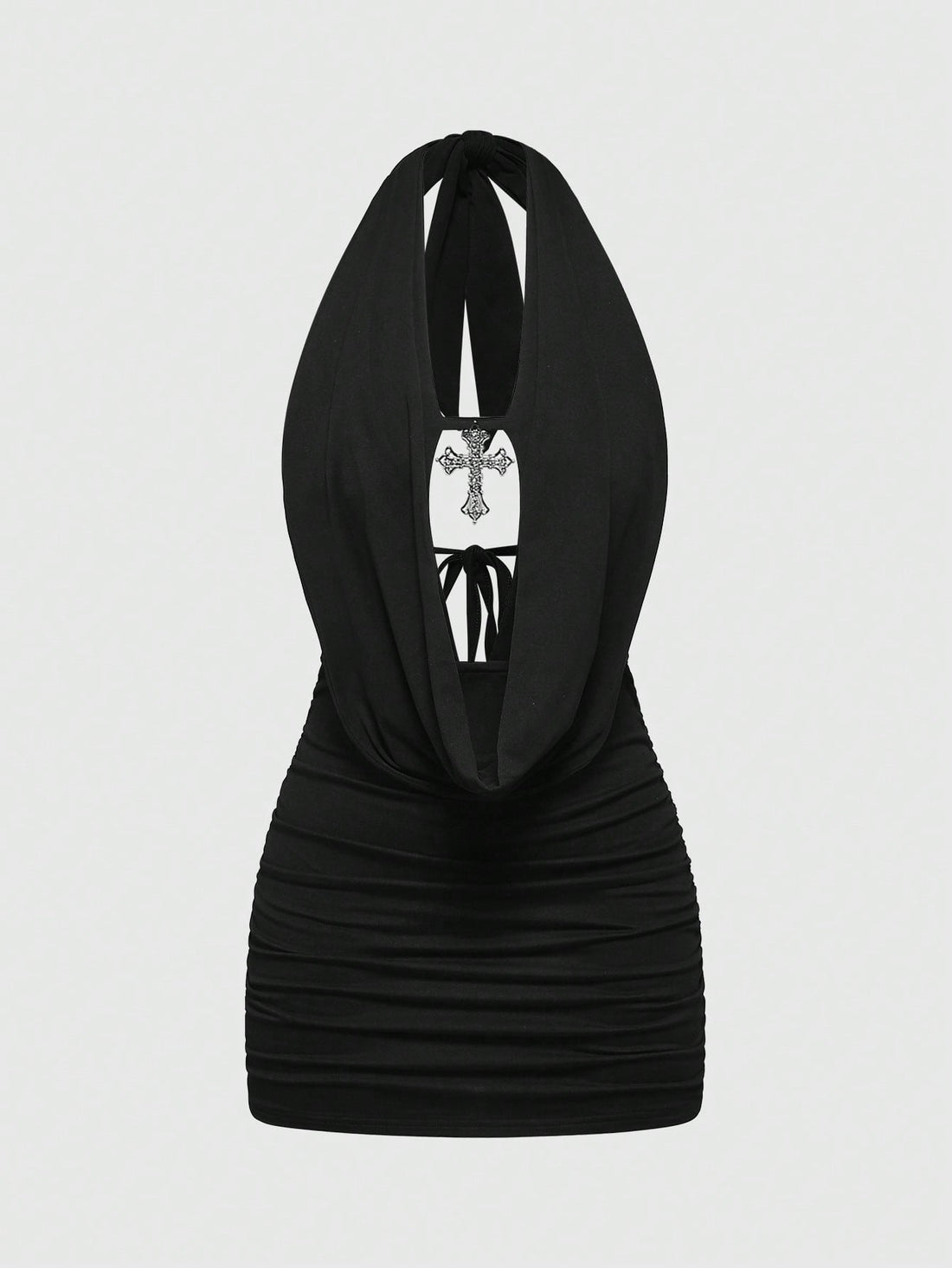 Black halter bodycon mini dress for women featuring a backless cut-out design, ruched detail, and a rhinestone cross pendant.