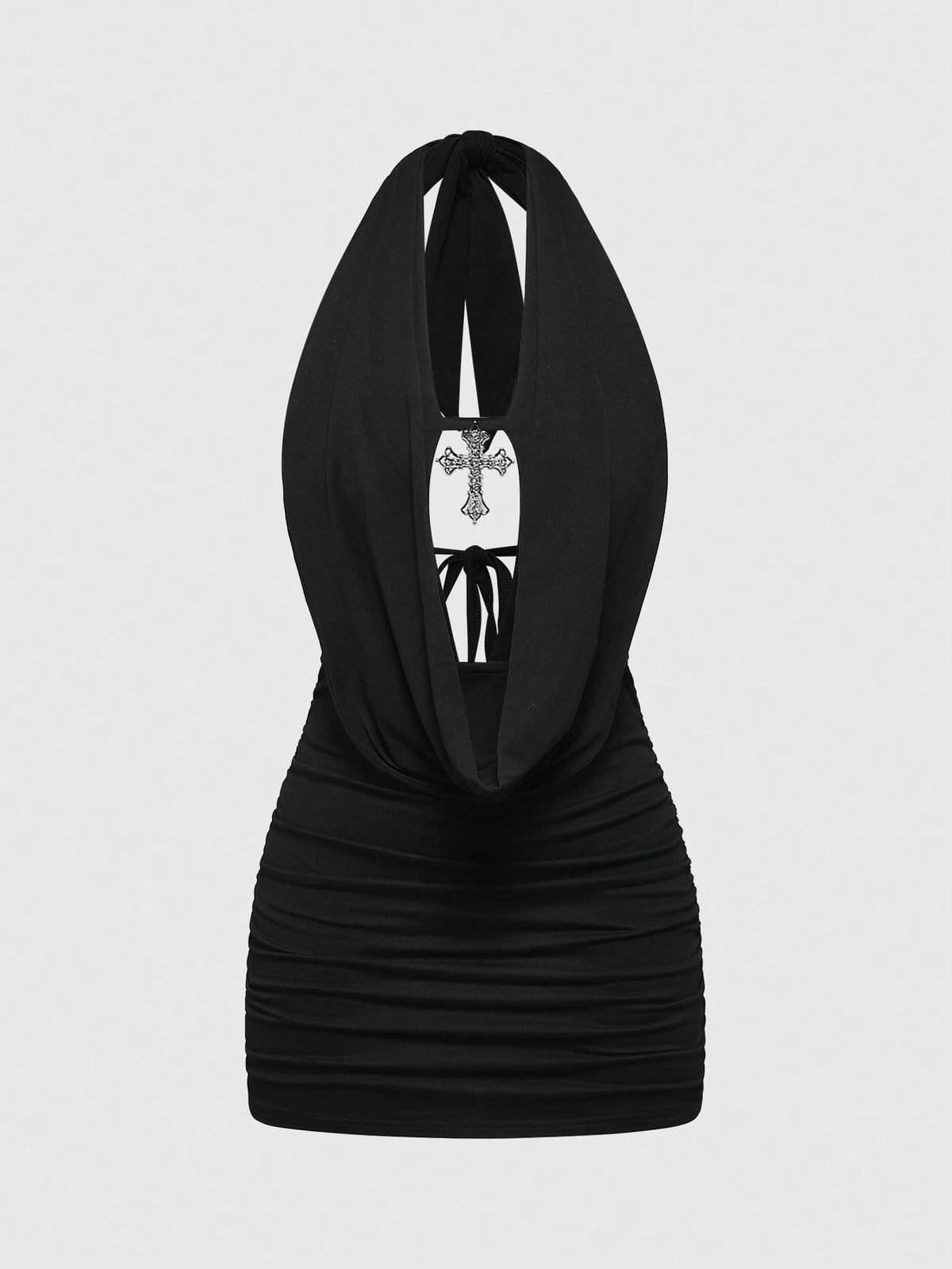Black halter bodycon mini dress for women featuring a backless cut-out design, ruched detail, and a rhinestone cross pendant.