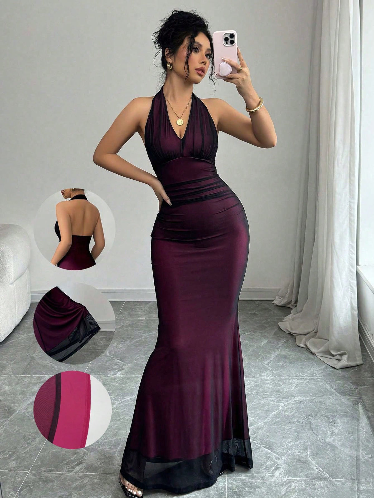 Women's long sleeve mermaid bodycon dress in high-stretch mesh fabric featuring a halter backless neckline, ruched high waist, and slim fit silhouette for formal evening wear.