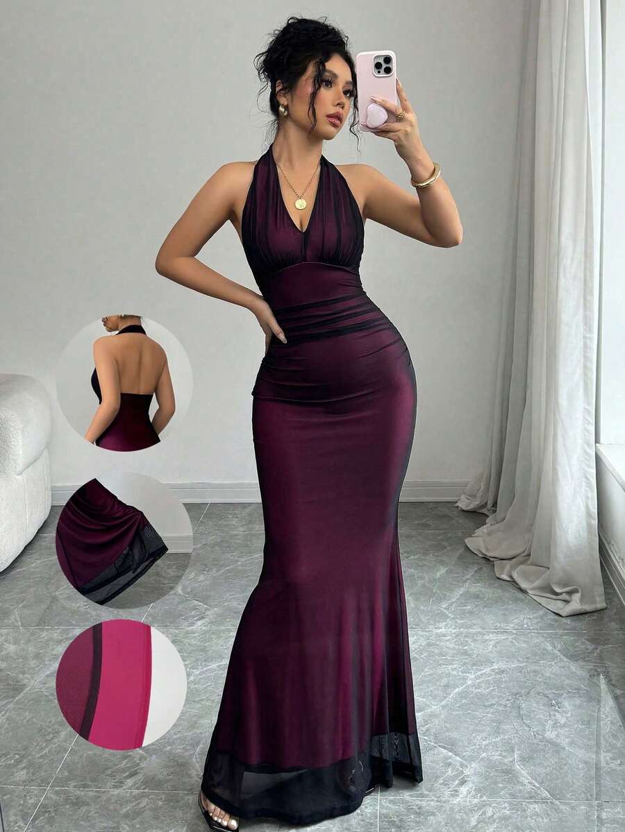 Women's long sleeve mermaid bodycon dress in high-stretch mesh fabric featuring a halter backless neckline, ruched high waist, and slim fit silhouette for formal evening wear.
