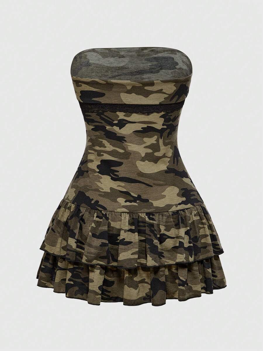 Army green strapless camo mini dress for women featuring a high-waisted A-line silhouette with tiered ruched layers and ruffle hem.