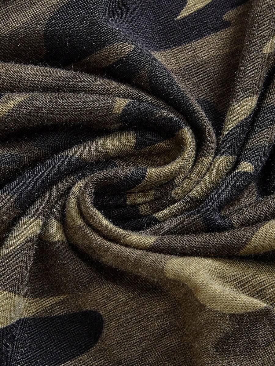 Army green strapless camo mini dress for women featuring a high-waisted A-line silhouette with tiered ruched layers and ruffle hem.