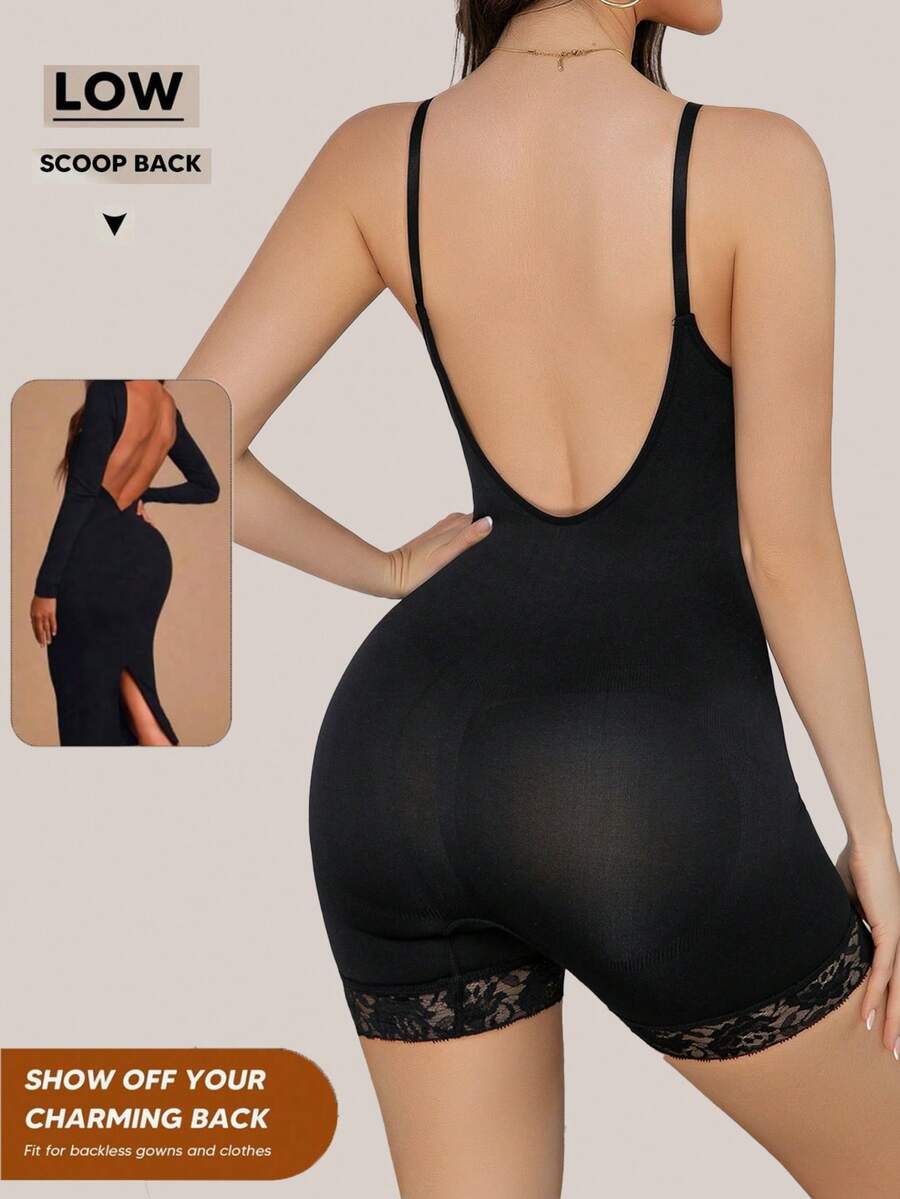 Seamless body shaper bodysuit for women featuring contrast lace details and tummy control in apricot fabric.