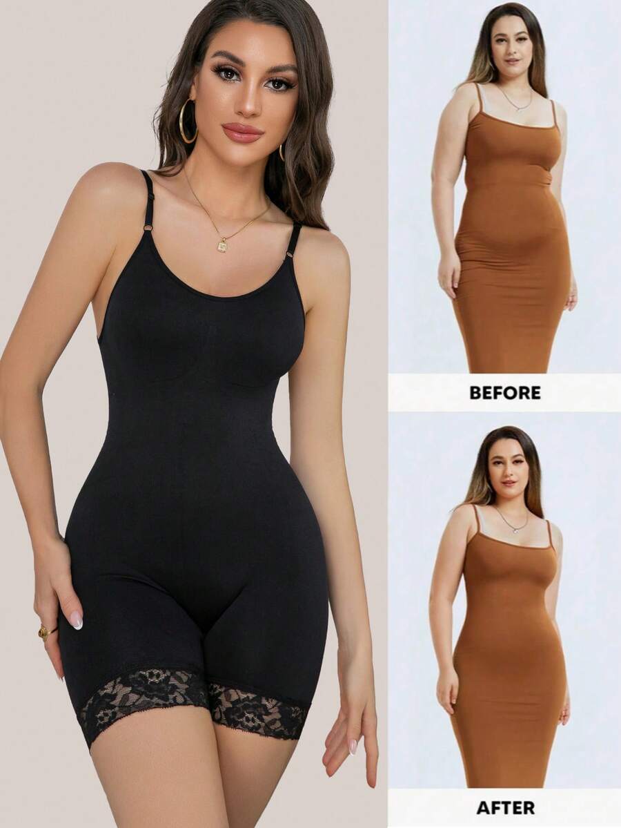Seamless body shaper bodysuit for women featuring contrast lace details and tummy control in apricot fabric.