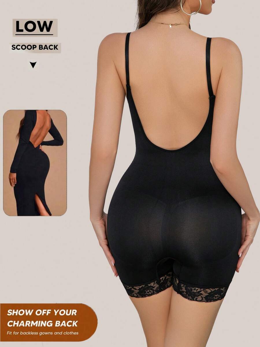 Seamless body shaper bodysuit for women featuring contrast lace details and tummy control in apricot fabric.
