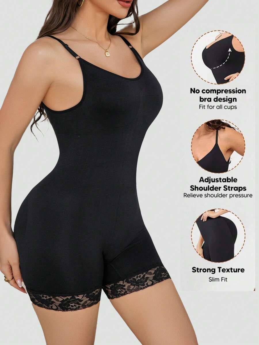Seamless body shaper bodysuit for women featuring contrast lace details and tummy control in apricot fabric.