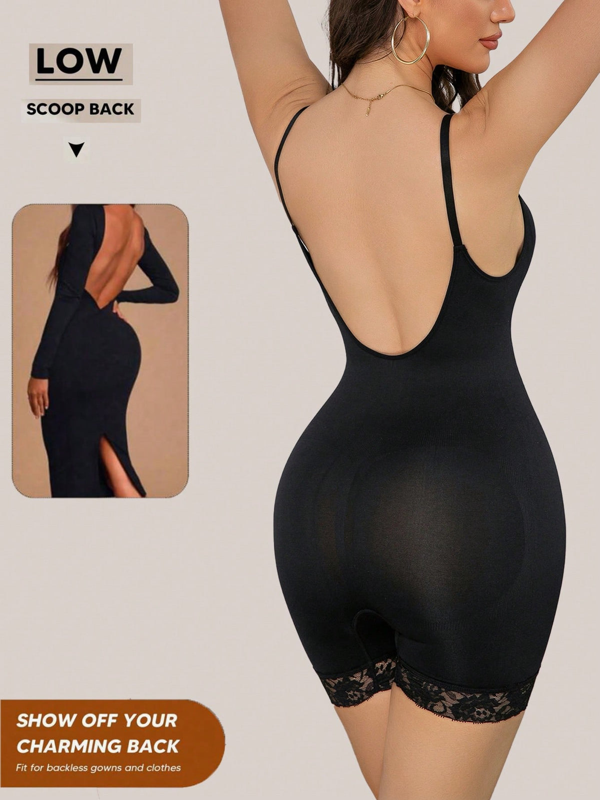 Seamless body shaper bodysuit for women featuring contrast lace details and tummy control in apricot fabric.