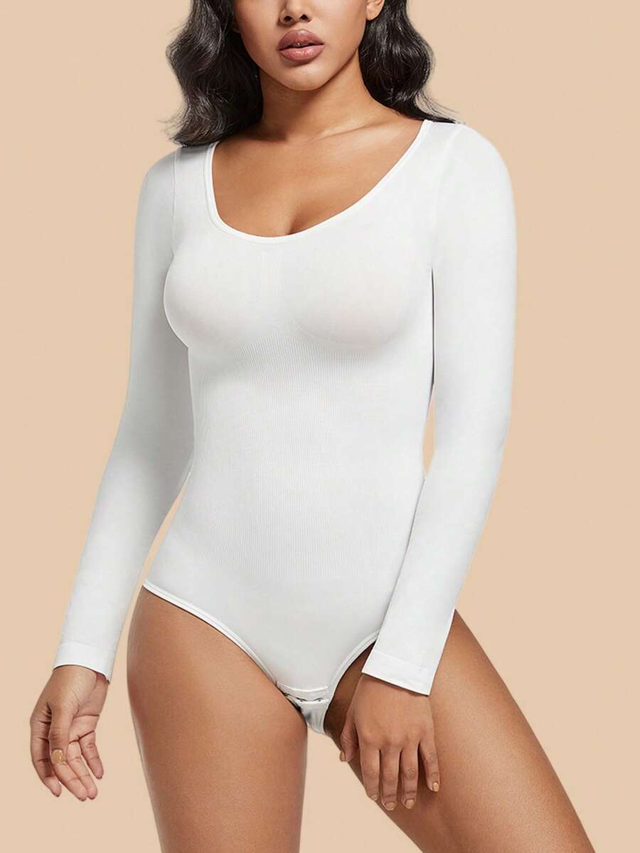 Women's black seamless bodysuit shapewear with tummy control and butt lift design.
