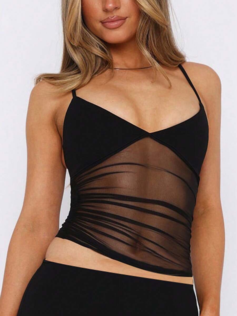 Ruched mesh spaghetti strap camisole top for women featuring semi-sheer details and a slim fit.