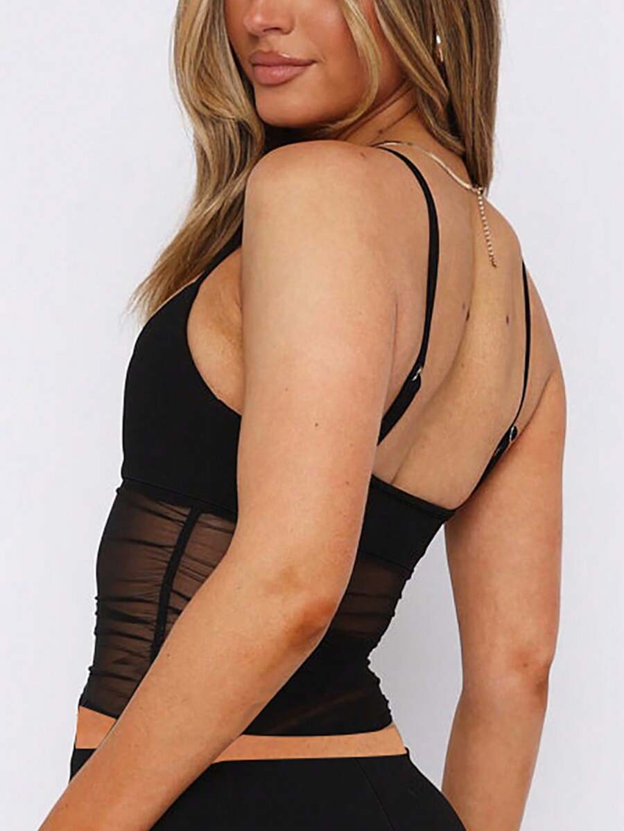 Ruched mesh spaghetti strap camisole top for women featuring semi-sheer details and a slim fit.
