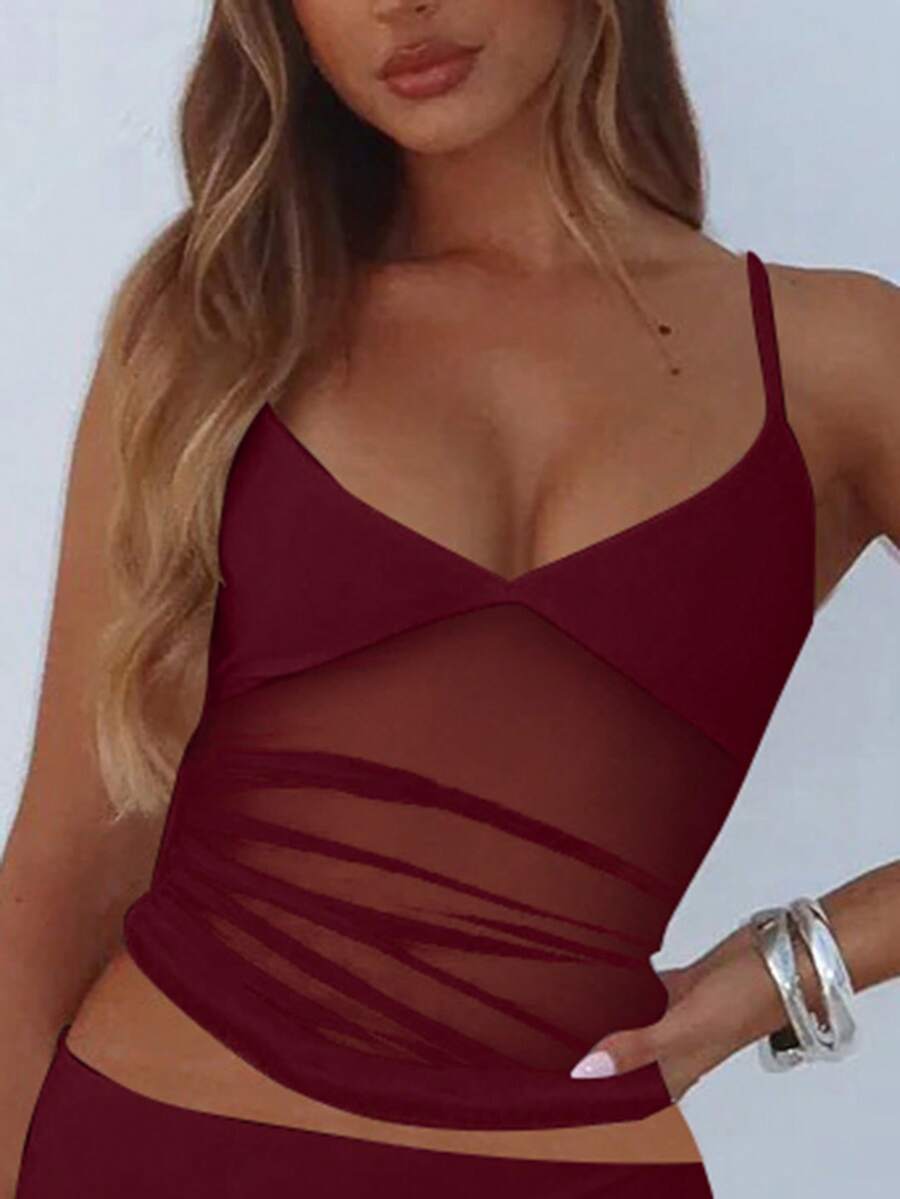 Ruched mesh spaghetti strap camisole top for women featuring semi-sheer details and a slim fit.