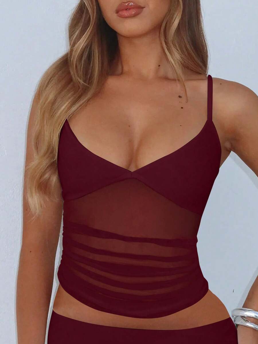 Ruched mesh spaghetti strap camisole top for women featuring semi-sheer details and a slim fit.