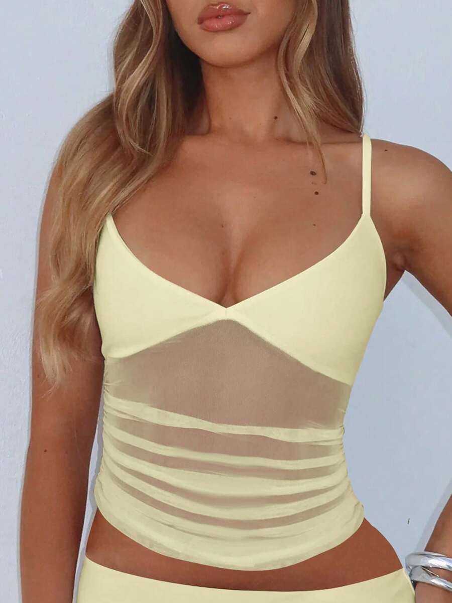Ruched mesh spaghetti strap camisole top for women featuring semi-sheer details and a slim fit.