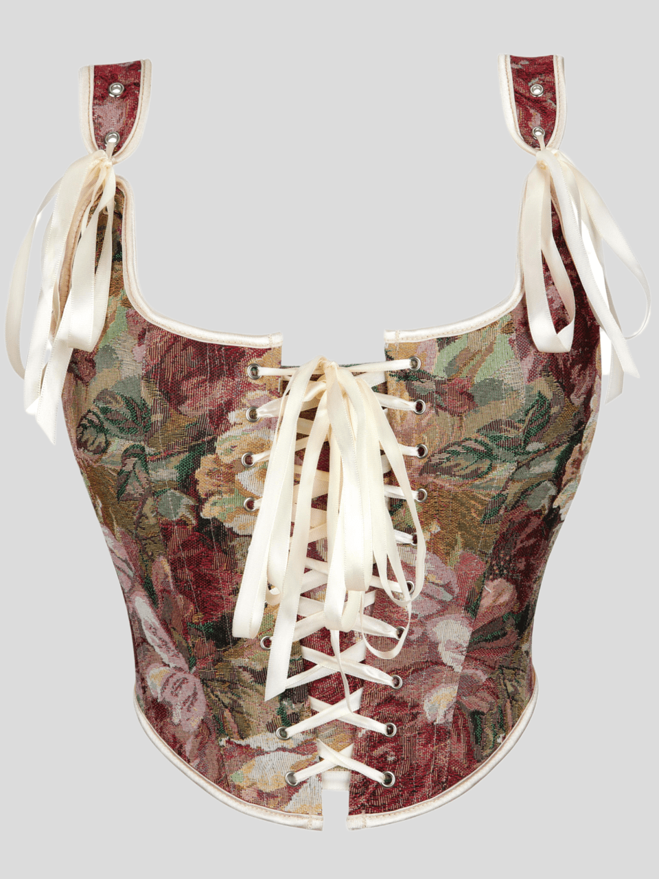 Women's retro floral print bustier top with shoulder straps, lace-up tie back, zipper, and boned construction in a romantic vintage style.