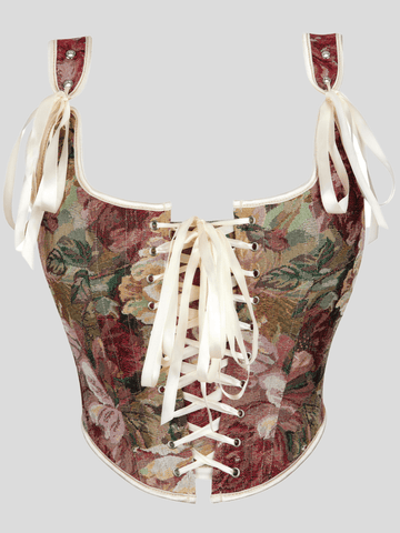 Women's retro floral print bustier top with shoulder straps, lace-up tie back, zipper, and boned construction in a romantic vintage style.