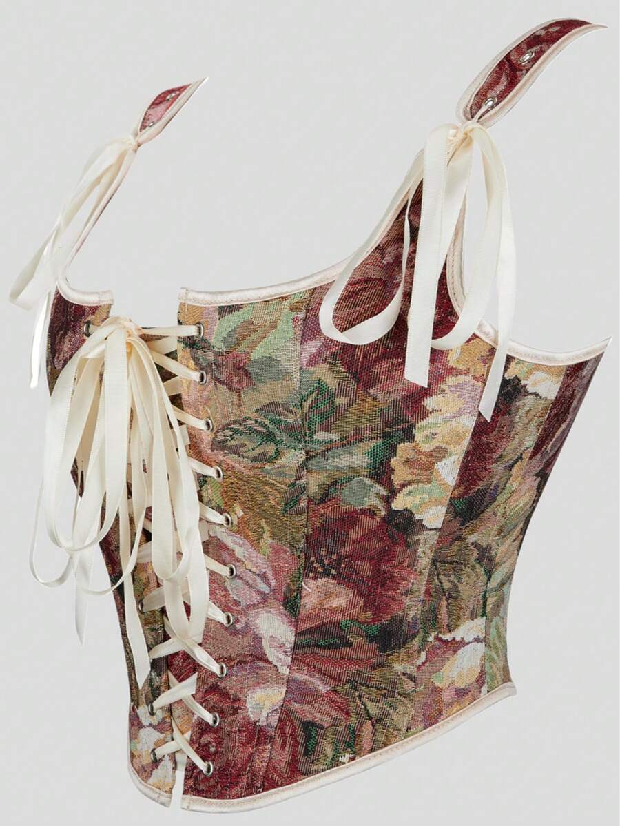 Women's retro floral print bustier top with shoulder straps, lace-up tie back, zipper, and boned construction in a romantic vintage style.