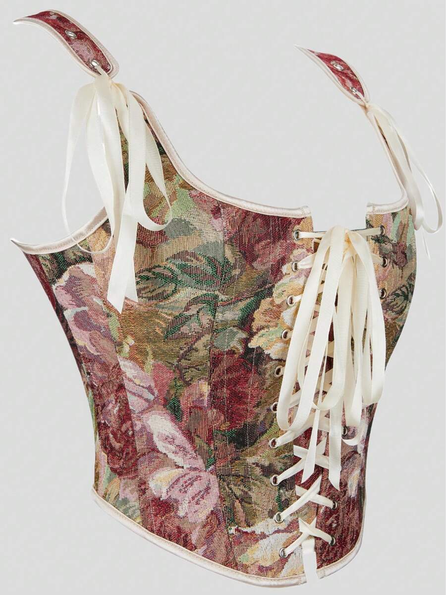 Women's retro floral print bustier top with shoulder straps, lace-up tie back, zipper, and boned construction in a romantic vintage style.