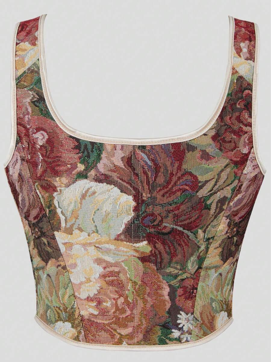 Women's retro floral print bustier top with shoulder straps, lace-up tie back, zipper, and boned construction in a romantic vintage style.