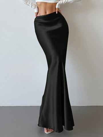 Elegant black satin high waist mermaid maxi skirt for women featuring a skinny fit and floor-length silhouette.