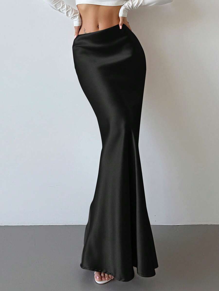 Elegant black satin high waist mermaid maxi skirt for women featuring a skinny fit and floor-length silhouette.