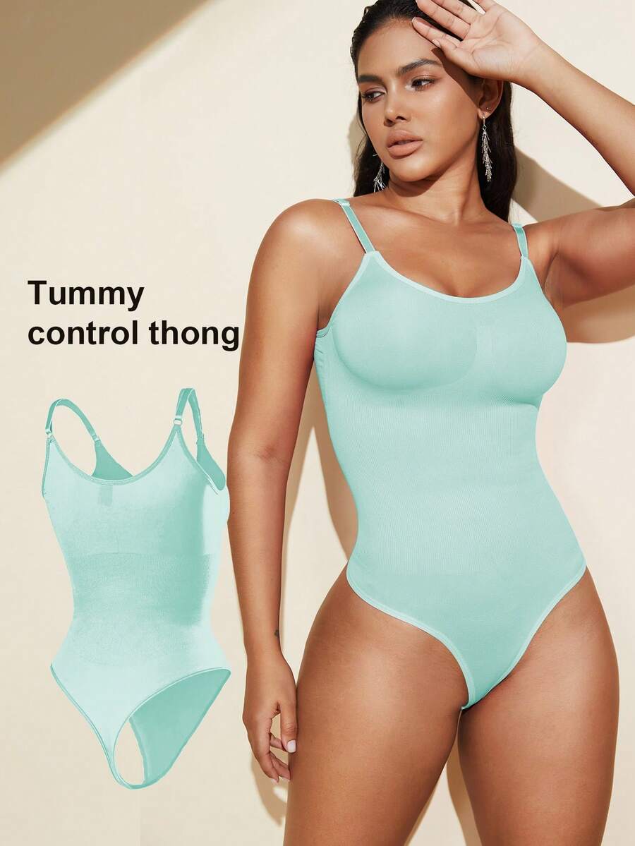Brown seamless shapewear bodysuit featuring backless design, thong bottom, non-removable padding, and high-stretch fabric for tummy and waist control.
