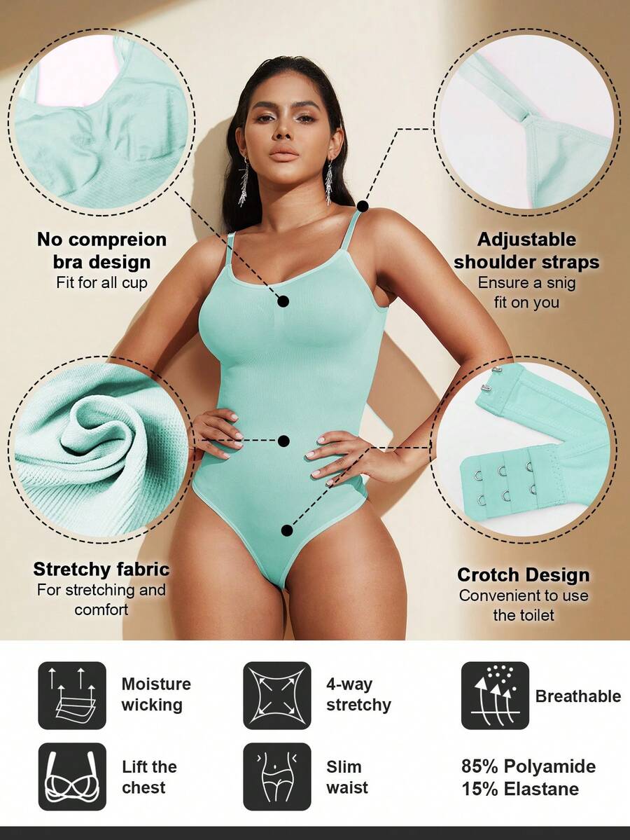 Brown seamless shapewear bodysuit featuring backless design, thong bottom, non-removable padding, and high-stretch fabric for tummy and waist control.