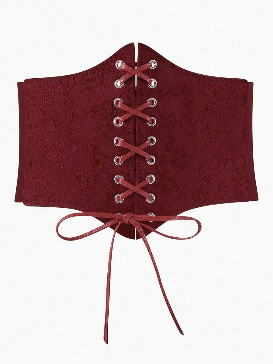 Black lace-up waist cincher with grommet eyelets, baroque pattern, medium stretch, and wide belt design for women.