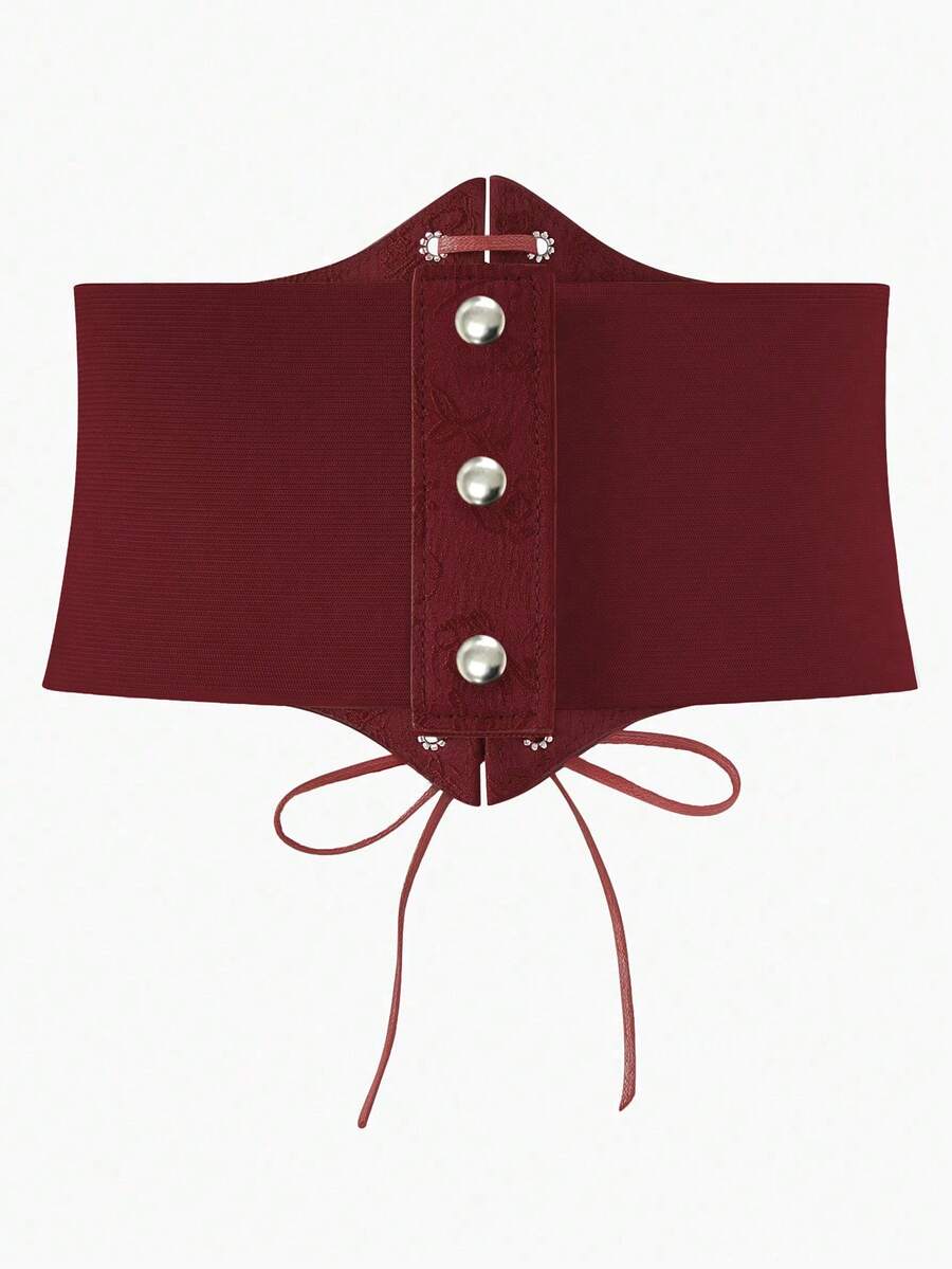 Black lace-up waist cincher with grommet eyelets, baroque pattern, medium stretch, and wide belt design for women.