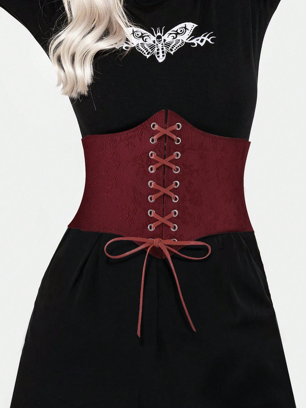 Black lace-up waist cincher with grommet eyelets, baroque pattern, medium stretch, and wide belt design for women.