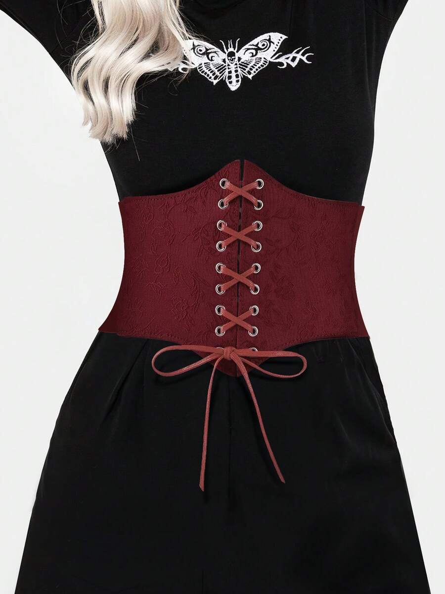 Black lace-up waist cincher with grommet eyelets, baroque pattern, medium stretch, and wide belt design for women.
