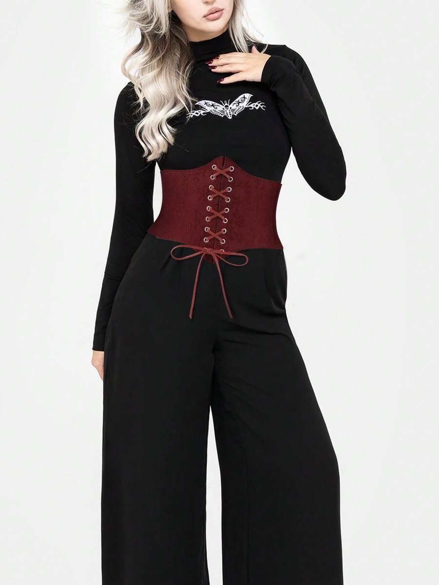 Black lace-up waist cincher with grommet eyelets, baroque pattern, medium stretch, and wide belt design for women.