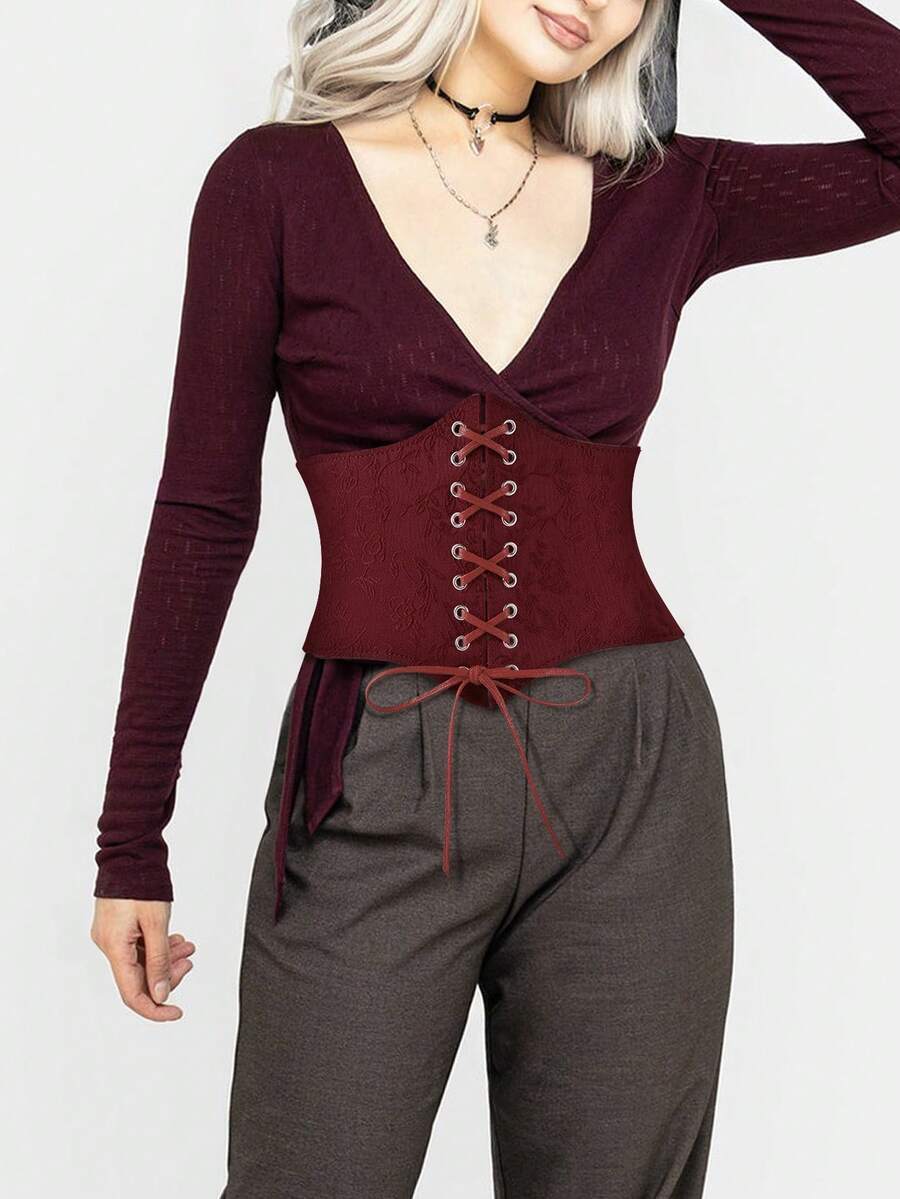 Black lace-up waist cincher with grommet eyelets, baroque pattern, medium stretch, and wide belt design for women.