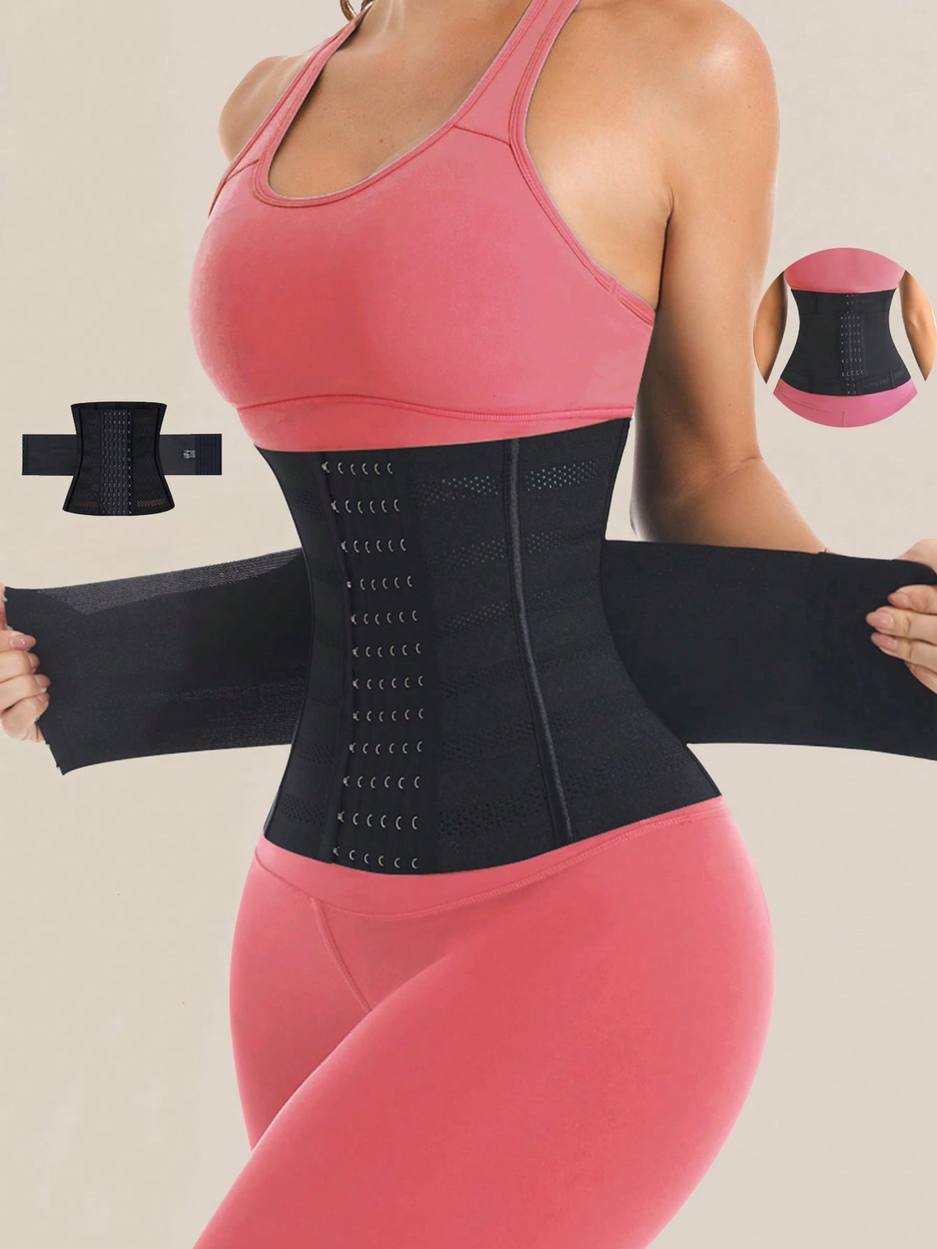 Black double belt wrap waist trainer corset shapewear for women with strong tummy control and button front design.