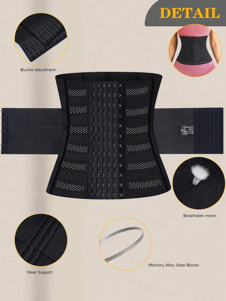 Black double belt wrap waist trainer corset shapewear for women with strong tummy control and button front design.