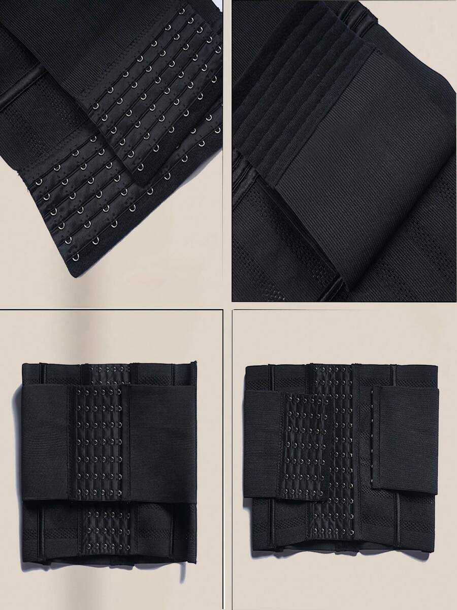 Black double belt wrap waist trainer corset shapewear for women with strong tummy control and button front design.