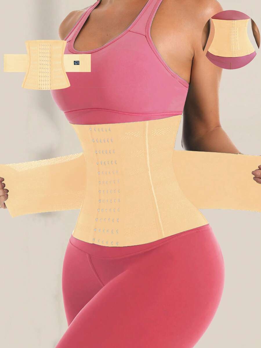 Black double belt wrap waist trainer corset shapewear for women with strong tummy control and button front design.