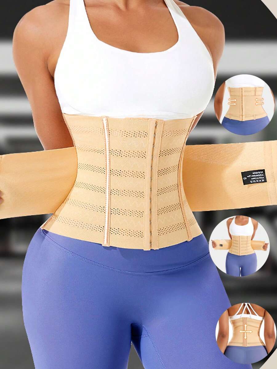 Black double belt wrap waist trainer corset shapewear for women with strong tummy control and button front design.
