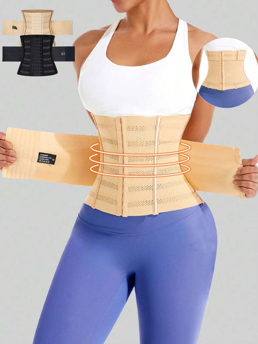 Black double belt wrap waist trainer corset shapewear for women with strong tummy control and button front design.