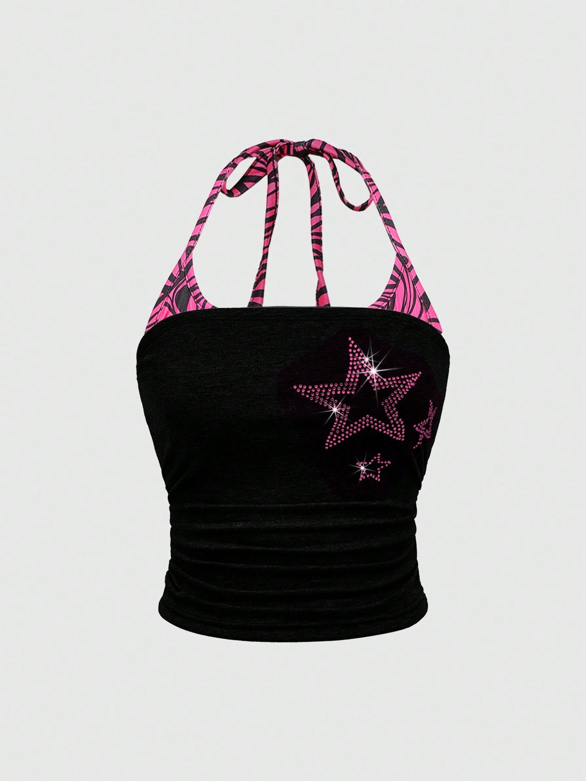 Black Y2K halter crop camisole top featuring a backless design, ruched detailing, and appliques for women.
