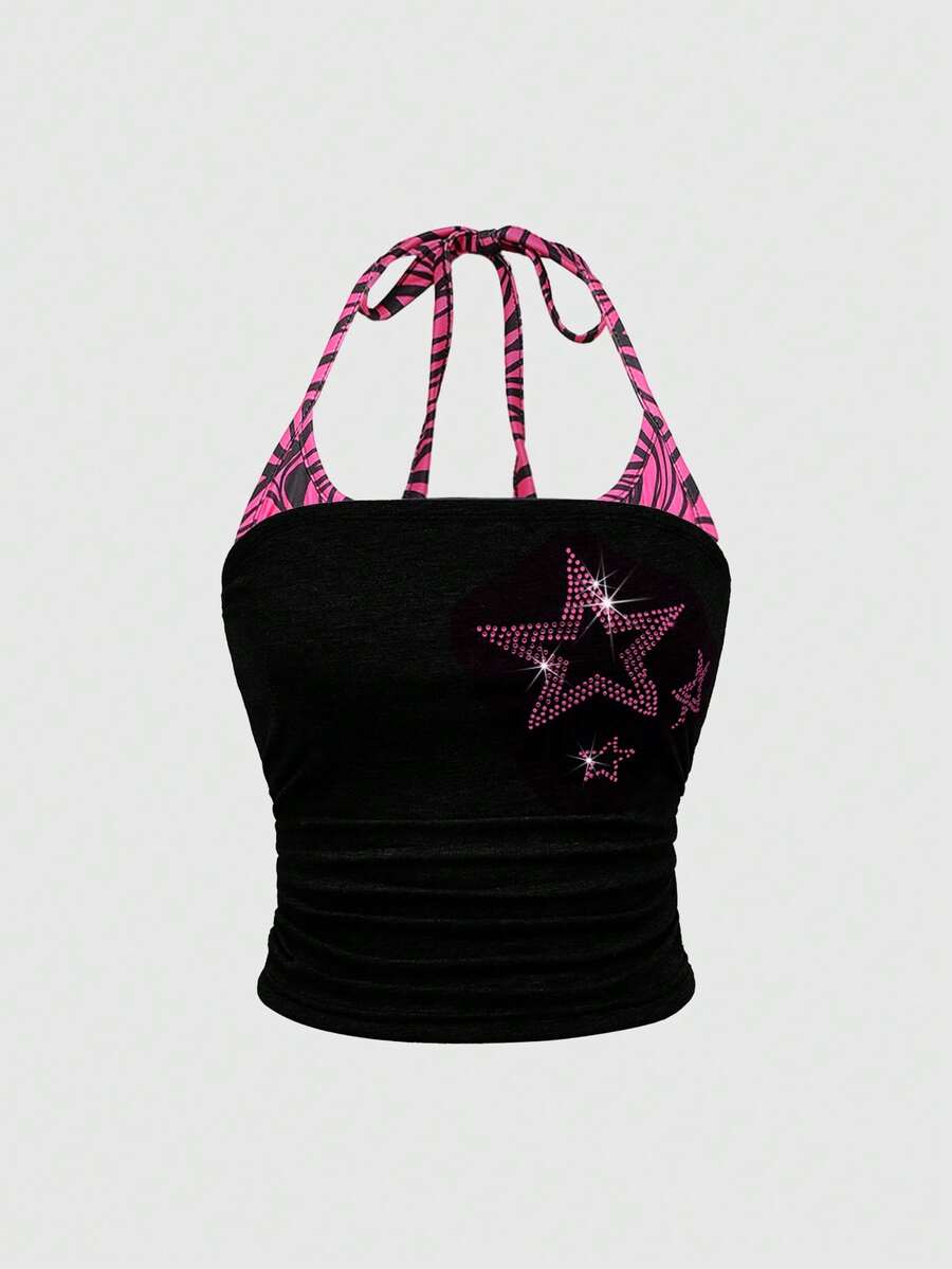 Black Y2K halter crop camisole top featuring a backless design, ruched detailing, and appliques for women.