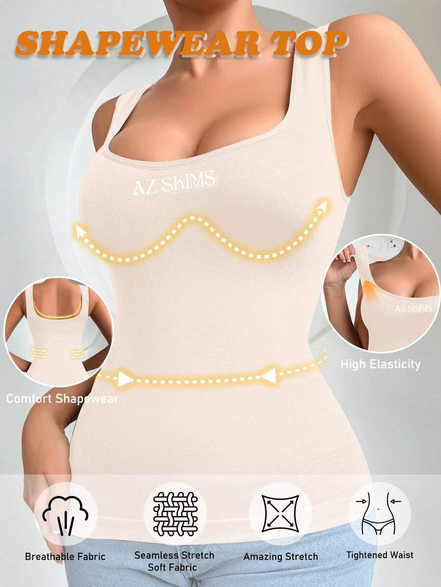 Women's seamless scoop neck tank top with wide straps in solid apricot color, styled as a sleeveless innerwear vest.