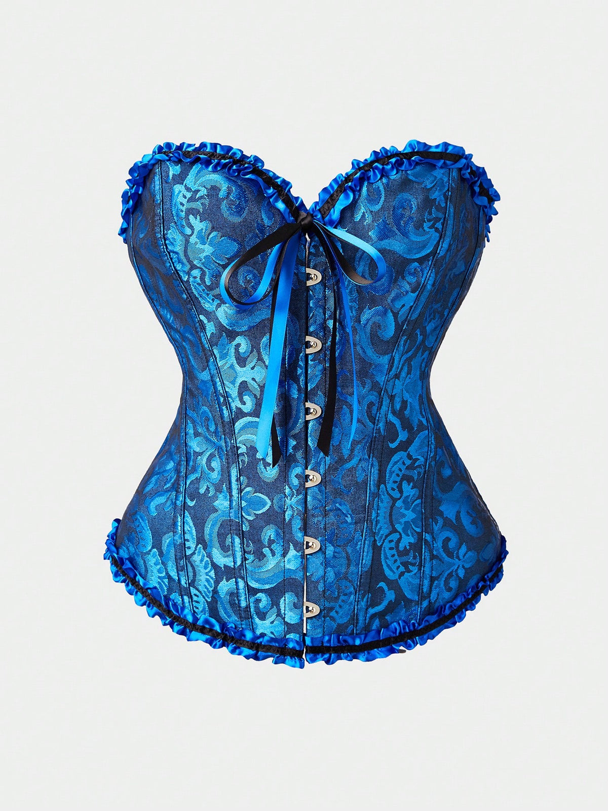 Baroque open bust corset top with boning, ruffle details, and grommet eyelet accents for waist shaping and bust support.