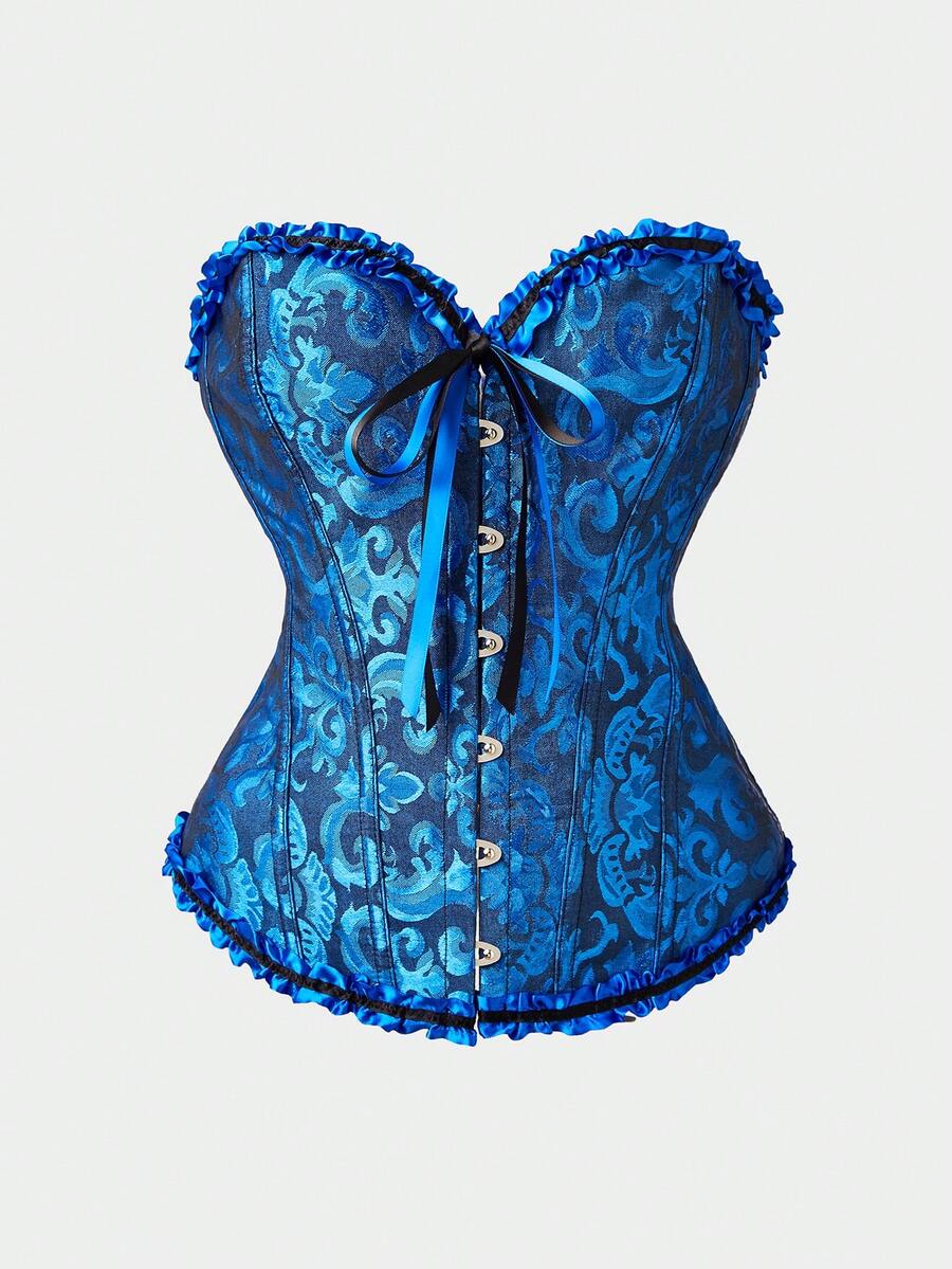 Baroque open bust corset top with boning, ruffle details, and grommet eyelet accents for waist shaping and bust support.