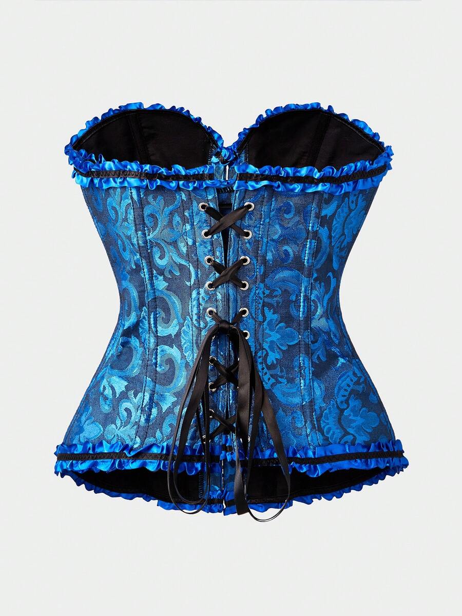 Baroque open bust corset top with boning, ruffle details, and grommet eyelet accents for waist shaping and bust support.