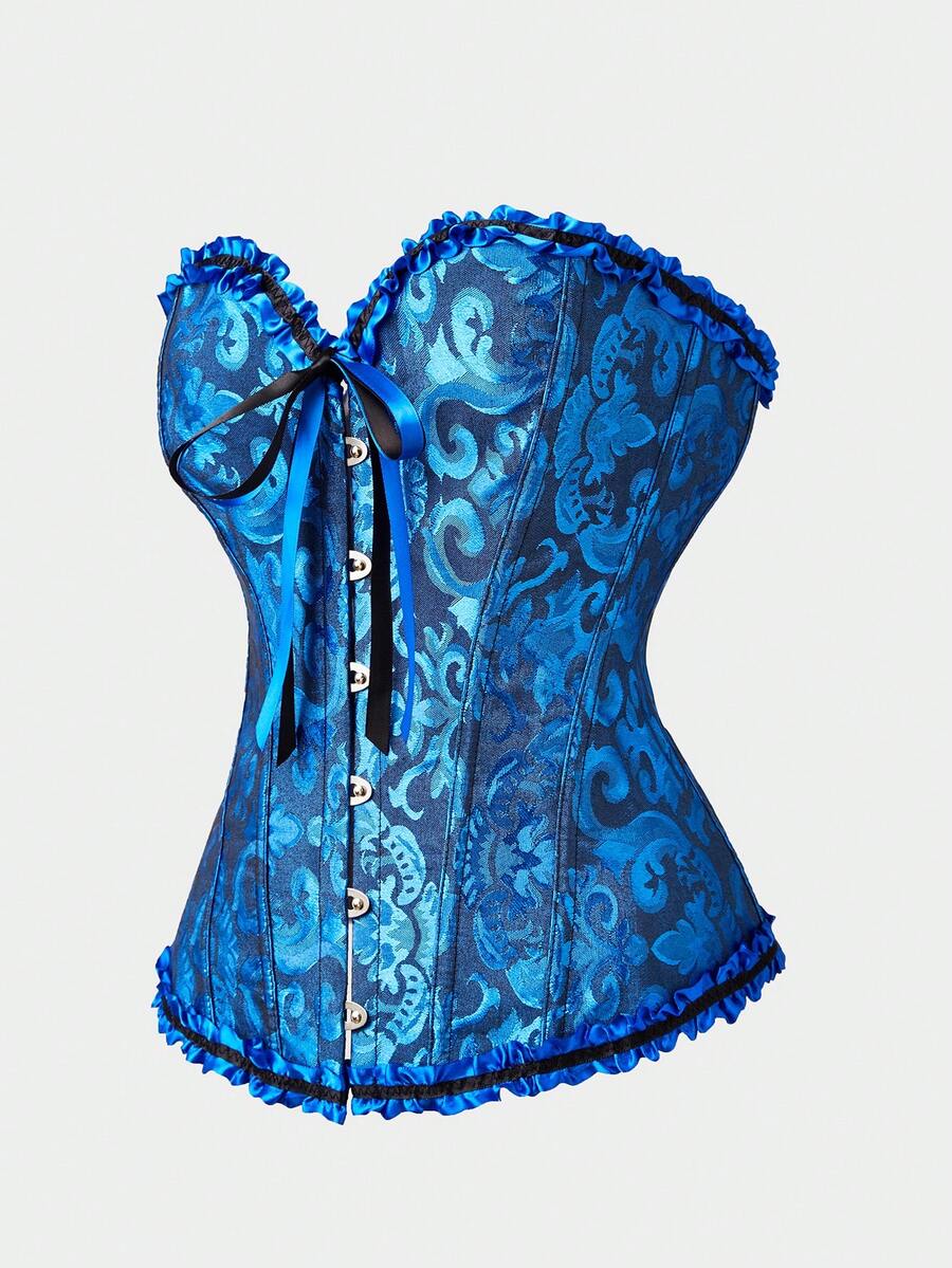Baroque open bust corset top with boning, ruffle details, and grommet eyelet accents for waist shaping and bust support.